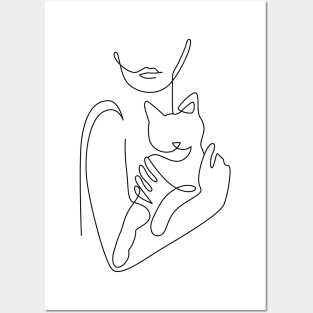 girl cat one line Posters and Art